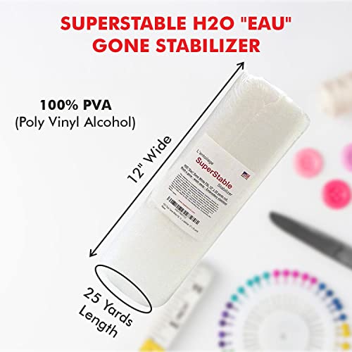 Superpunch Wash Away Stabilizer, SuperStable H2O "Eau" Gone White FSL 12 inch x 25 Yard Roll - Machine Embroidery Stabilizer Backing, Wash n Gone Wash Away for Free Standing Lace, Made in USA - Image 2