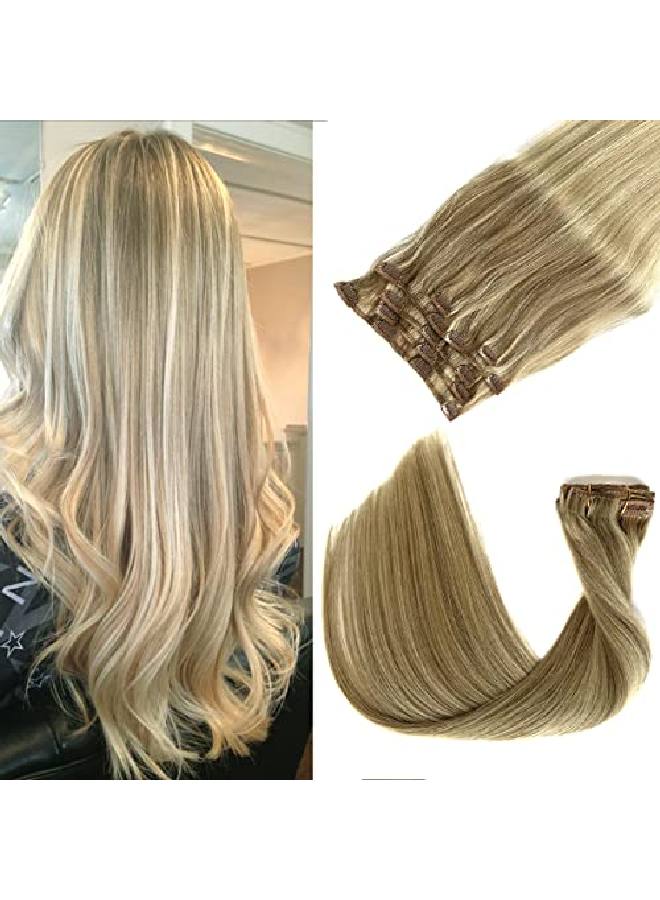 Ubetta Hair Extensions Clipin Human Hairdirty Blonde To Blonde Highlights Real Hair Extensions Clip Ins 15 Inch Remy Clip In Hair Extensions 7 Pieces 70 Gram Straight Double Weft Hair Clips For Girl/Women - Image 1
