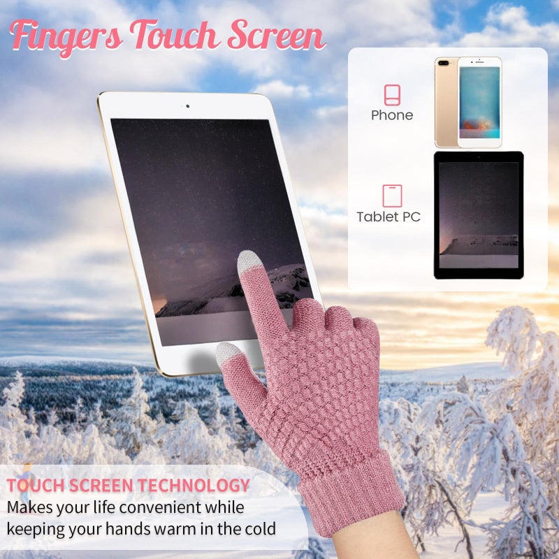 Jeere 4 Pcs Winter Hat and Gloves for Women Fleece Lined Knit Beanie Touchscreen Gloves Warm Skull Hat Set for Cold Weather(Pink, White) - Image 4
