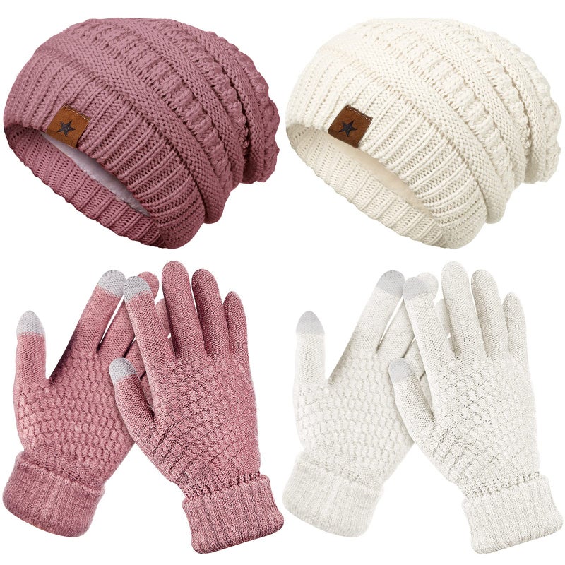 Jeere 4 Pcs Winter Hat and Gloves for Women Fleece Lined Knit Beanie Touchscreen Gloves Warm Skull Hat Set for Cold Weather(Pink, White) - Image 1