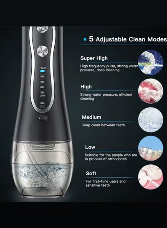 CATANES Water Flosser For Teeth Cordless 300Ml Portable Oral Irrigator Flosser 5 Cleaning Modes And 6 Jet Tips, Ipx7 Waterproof - Black - Image 5