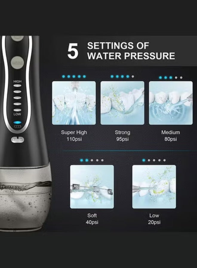 CATANES Water Flosser For Teeth Cordless 300Ml Portable Oral Irrigator Flosser 5 Cleaning Modes And 6 Jet Tips, Ipx7 Waterproof - Black - Image 4