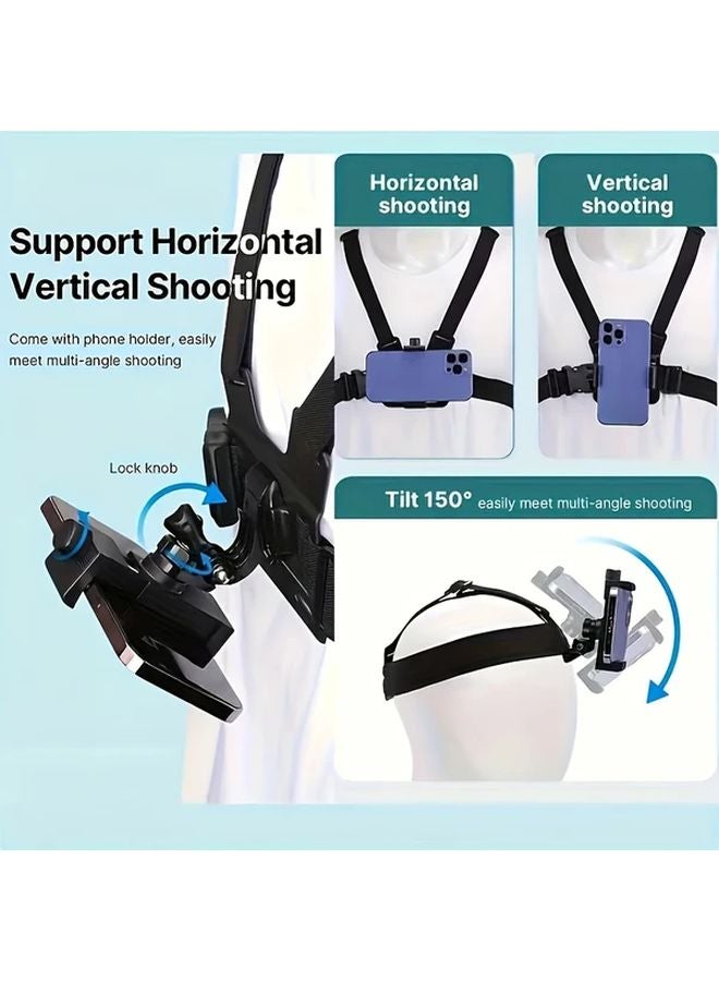 Black Action Camera Mount Kit Chest Strap Head Belt Helmet Chin Phone Holder - Image 5
