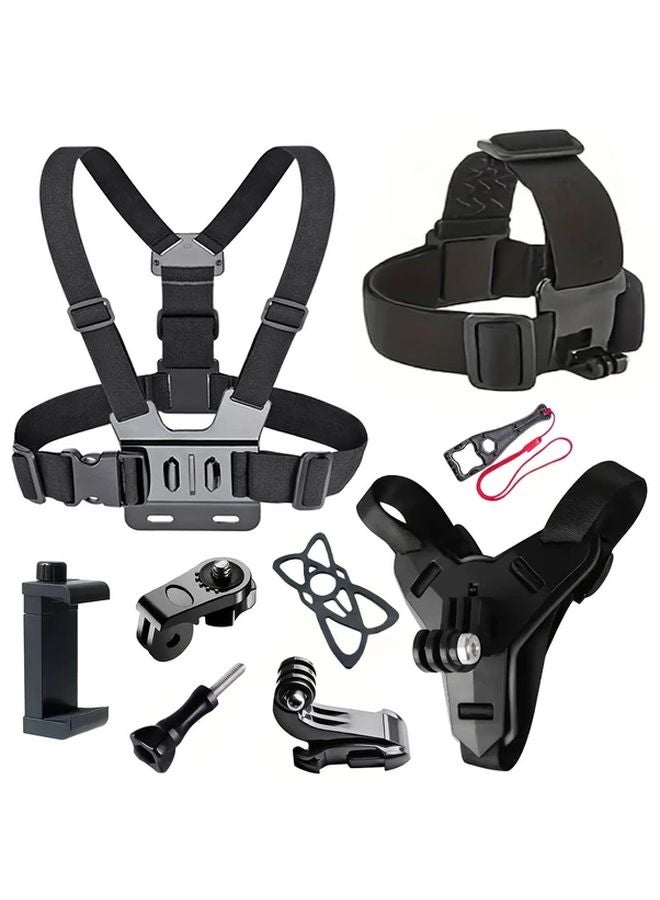 Black Action Camera Mount Kit Chest Strap Head Belt Helmet Chin Phone Holder - Image 2
