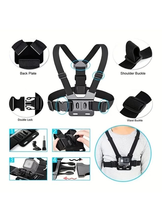 Black Action Camera Mount Kit Chest Strap Head Belt Helmet Chin Phone Holder - Image 4
