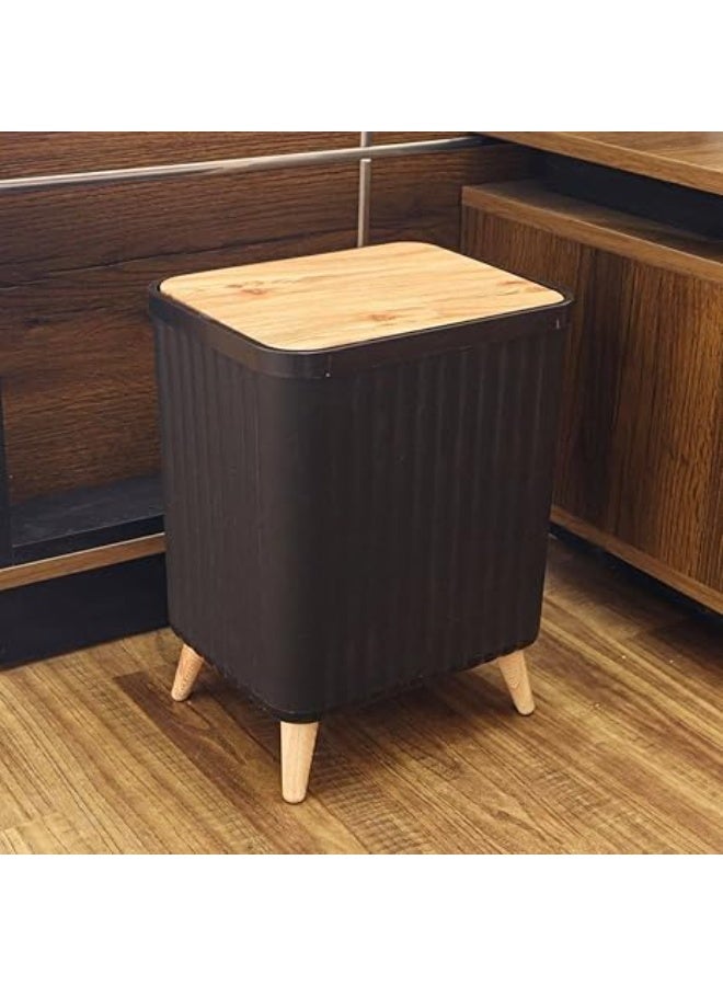 11L Square Waste Basket - Stylish Design with Wooden Leg Base - Modern Wastebasket for Home and Office (Black) - Image 2