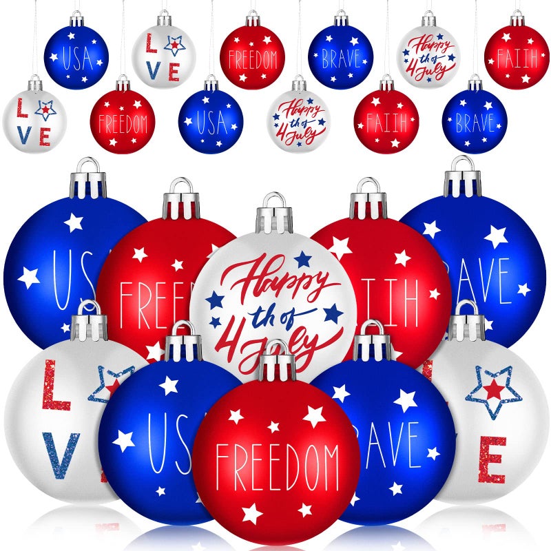 Chitidr 24 Pcs Patriotic Tree Ornaments 4th of July Independence Day Hanging Balls Red White Blue Stars Balls Decoration for Veterans Memorial Labor Day Home Decor Party Supplies