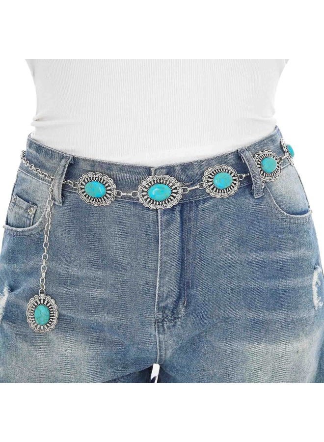 Navoky Concho Western Belt Woman Turquoise Cowgirl Waist Chain Silver Country Concert Outfit Body Jewelry Accessories, Medium, Synthetic Turquoise, Silver Alloy, No Gemstone - Image 2