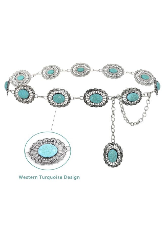Navoky Concho Western Belt Woman Turquoise Cowgirl Waist Chain Silver Country Concert Outfit Body Jewelry Accessories, Medium, Synthetic Turquoise, Silver Alloy, No Gemstone - Image 3