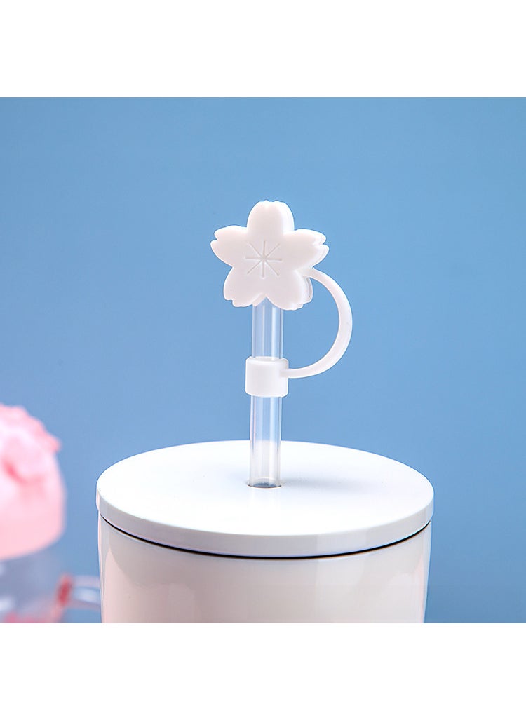 Generic Stainless Steel Straw Caps Universal Dust-Proof Silicone White Cherry Blossom