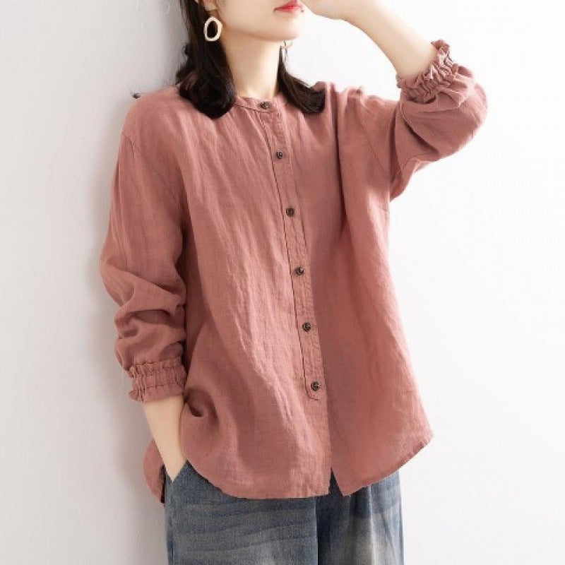 Artistic Retro Autumn Autumn Cotton Linen Shirt Womens Loose Round Neck Shirt Jacket Casual Jacket Neck Sleeve Top Women Dark brown  - Image 3