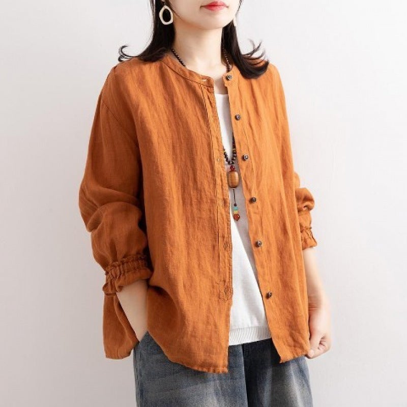 Artistic Retro Autumn Autumn Cotton Linen Shirt Womens Loose Round Neck Shirt Jacket Casual Jacket Neck Sleeve Top Women Dark brown  - Image 2