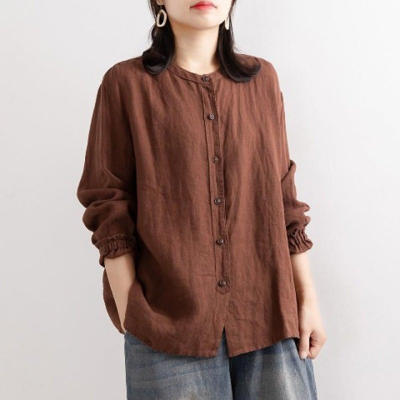 Artistic Retro Autumn Autumn Cotton Linen Shirt Womens Loose Round Neck Shirt Jacket Casual Jacket Neck Sleeve Top Women Dark brown  - Image 1