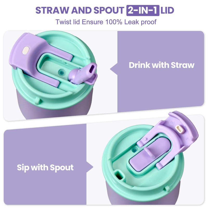 Howeemo 13.5oz Kids Insulated Tumbler with Straw,2 Pack Kids Insulated Water Bottle Stainless Steel Double Wall Vacuum Tumbler with 2 in 1 Sip/Swig Lids,Leak Proof Water Bottle for School(Pink-Purple) - Image 4