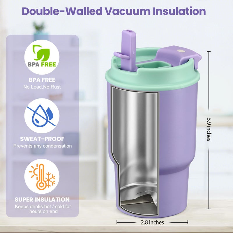 Howeemo 13.5oz Kids Insulated Tumbler with Straw,2 Pack Kids Insulated Water Bottle Stainless Steel Double Wall Vacuum Tumbler with 2 in 1 Sip/Swig Lids,Leak Proof Water Bottle for School(Pink-Purple) - Image 2