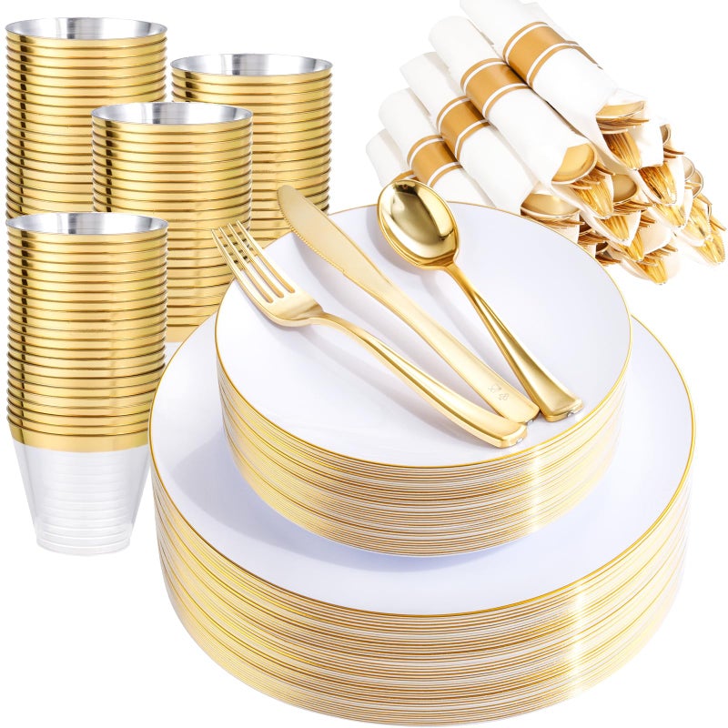 Rubtlamp 140Pcs Gold Plastic Plates DinnerwareClear Disposable Plates with Gold TrimClear Party Dinnerware Include 20Dinner Plates20Salad Plates 20Cups20Silverware With Pre Rolled Napkins