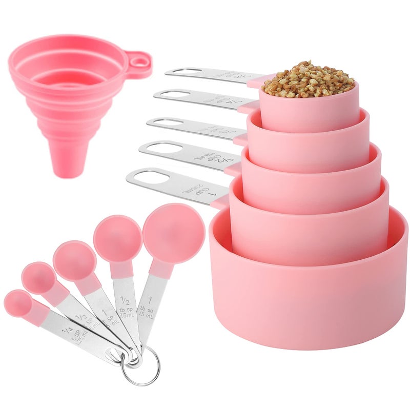 Measuring Cups and Spoons Set of Huygens Kitchen Gadgets 10 Pieces Stackable Stainless Steel Handle Measuring Cups for Measuring Dry and Liquid Ingredient Pink