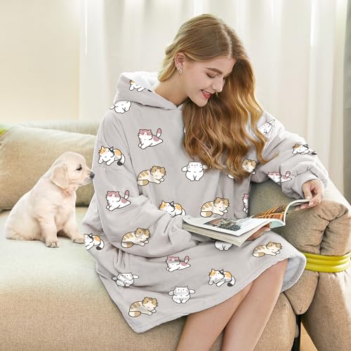 Felicigeely Oversized Wearable Blanket Hoodie Blanket Sweatshirt for Adults Women Men Warm Cozy Cute Cat Pattern Hooded Blanket with Pockets and Sleeves Gift for Mom Girls - Image 3