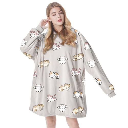 Felicigeely Oversized Wearable Blanket Hoodie Blanket Sweatshirt for Adults Women Men Warm Cozy Cute Cat Pattern Hooded Blanket with Pockets and Sleeves Gift for Mom Girls - Image 1