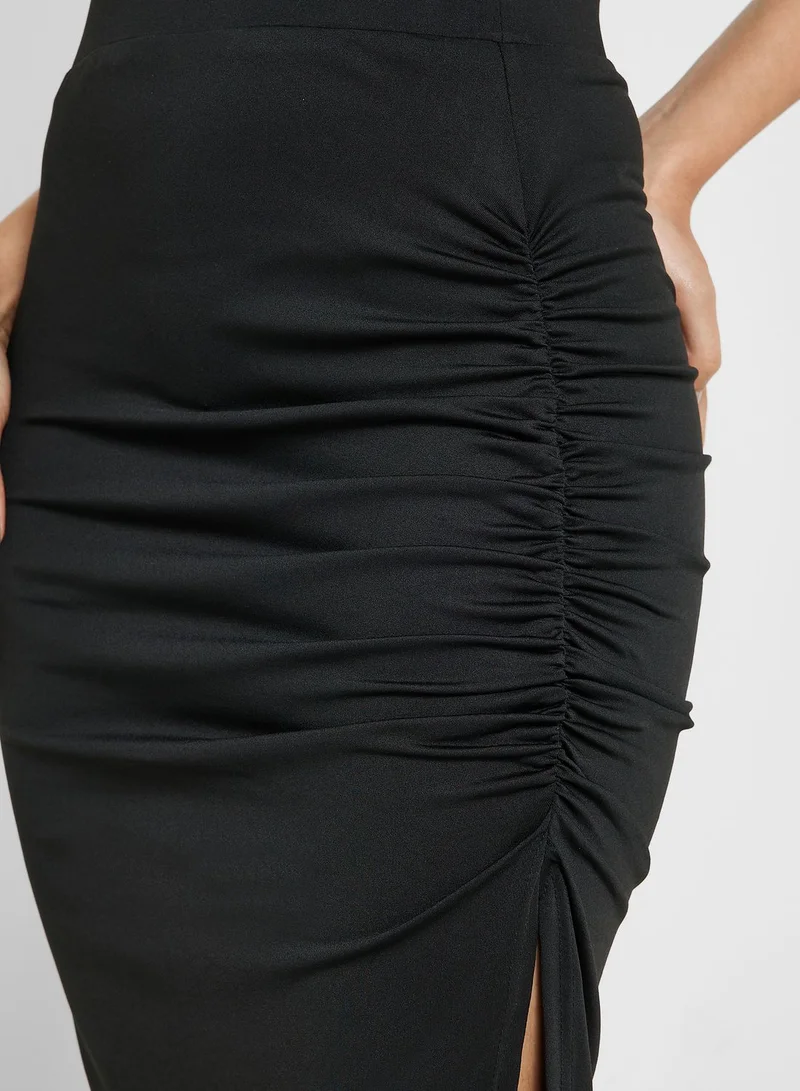 Ginger Ruched Midi Skirt with Side Slit