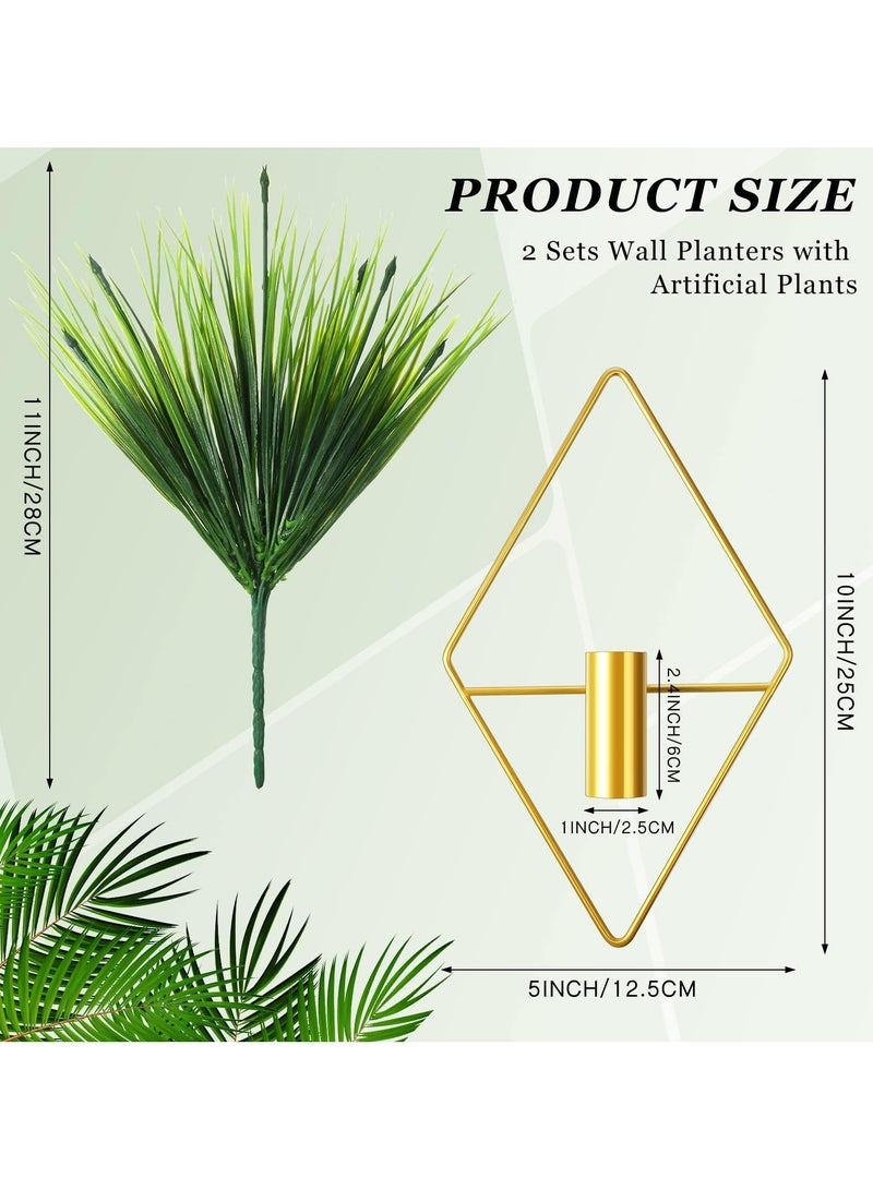 CMGTYYD CMGTYYD 2 Pieces Diamond Shape Hanging Planters with Artificial Aquatic Plants Metal Hanging Vase Indoor Plants Holder Modern Geometric Wall Decor for Home Living Room Office (Gold, Aquatic Plant)  - Image 2
