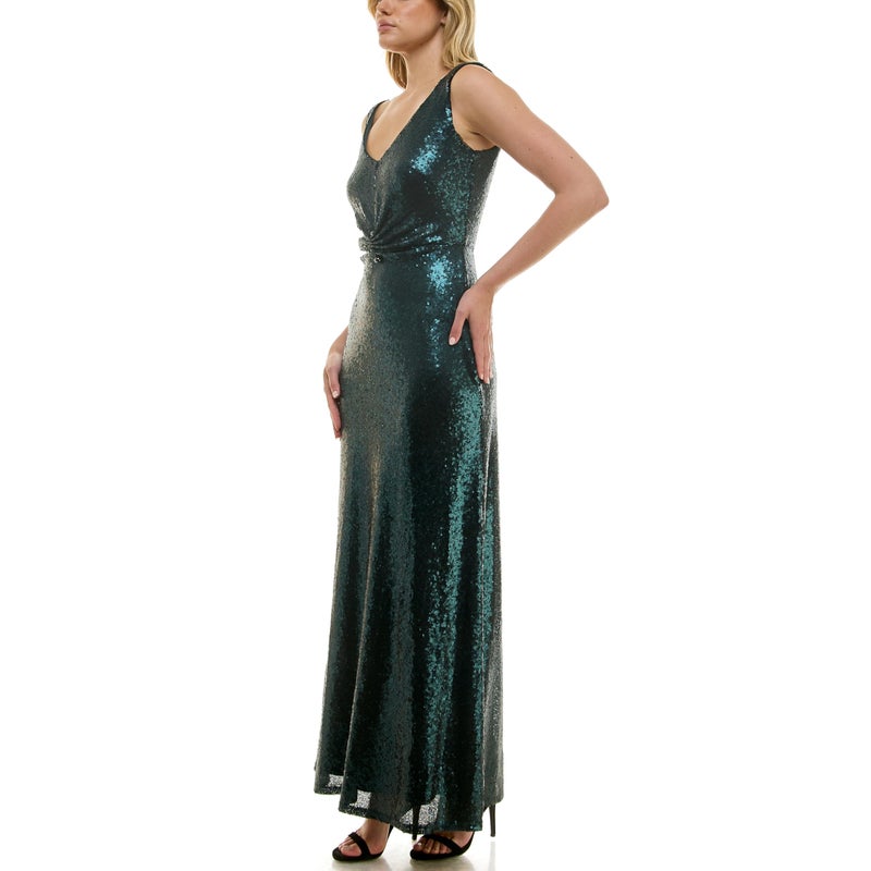 Taylor Women's V-Neck Sleeveless Stretch Sequin Cinched Waist Gown, Bottle Green - Image 3
