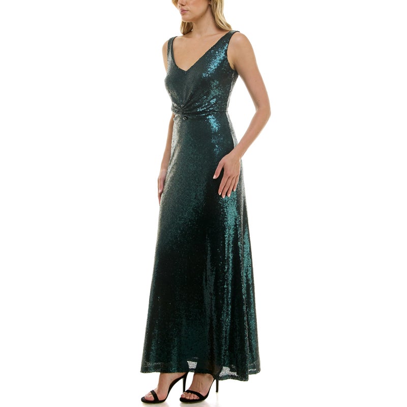 Taylor Women's V-Neck Sleeveless Stretch Sequin Cinched Waist Gown, Bottle Green - Image 4