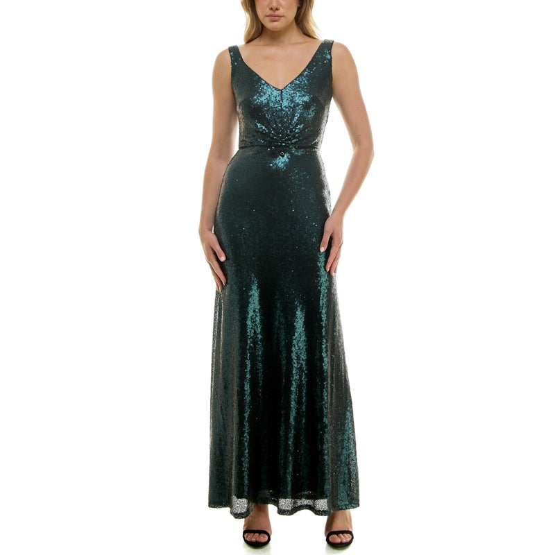 Taylor Women's V-Neck Sleeveless Stretch Sequin Cinched Waist Gown, Bottle Green - Image 1