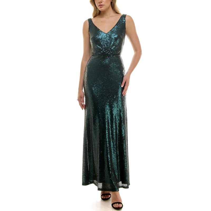 Taylor Women's V-Neck Sleeveless Stretch Sequin Cinched Waist Gown, Bottle Green - Image 2