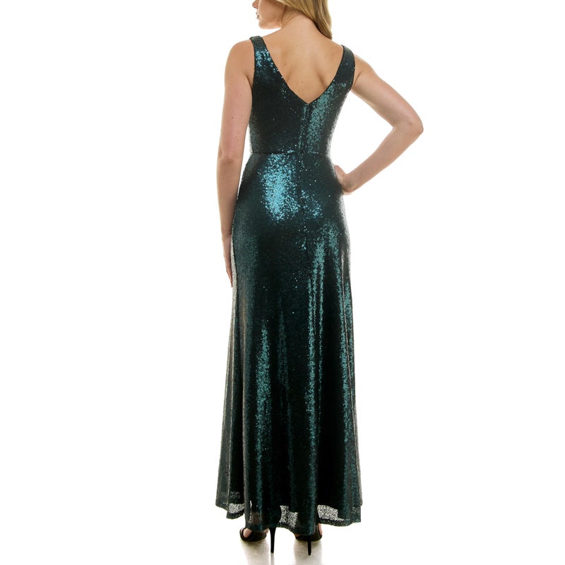 Taylor Women's V-Neck Sleeveless Stretch Sequin Cinched Waist Gown, Bottle Green - Image 5