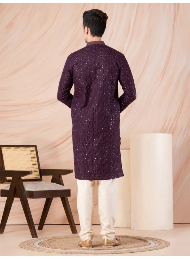 Devoiler Mens Purple Thread & Sequins Work Cotton Kurta Set - Image 4