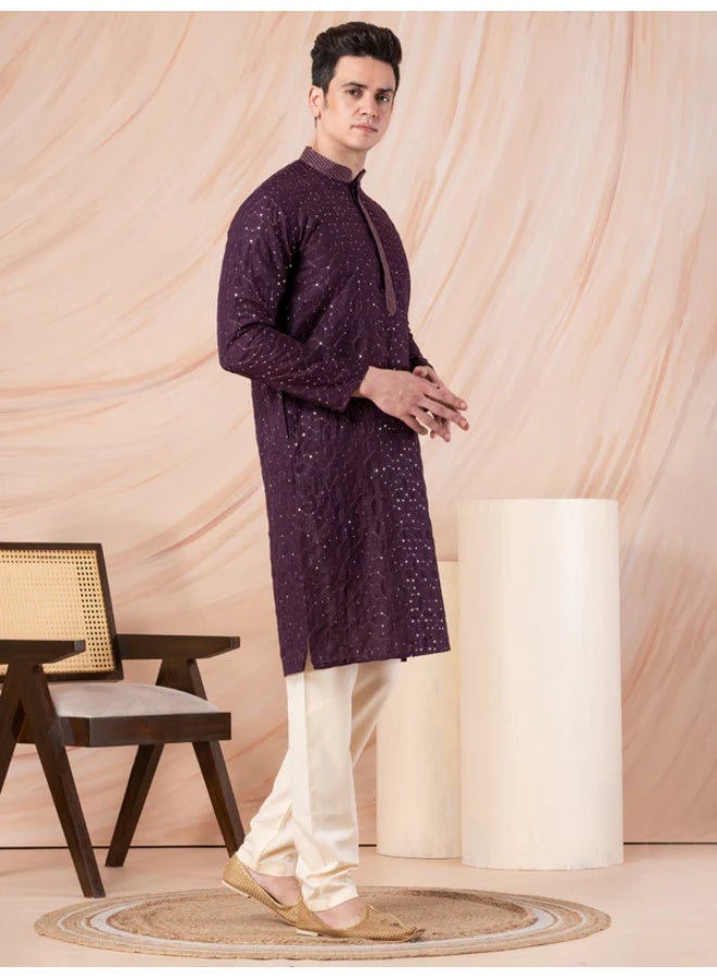 Devoiler Mens Purple Thread & Sequins Work Cotton Kurta Set - Image 2