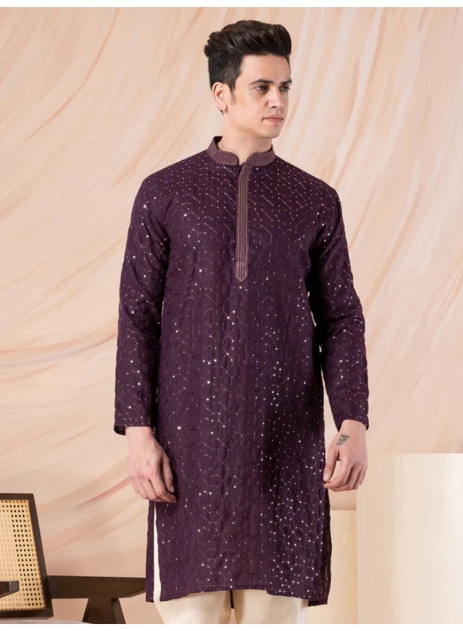 Devoiler Mens Purple Thread & Sequins Work Cotton Kurta Set - Image 5