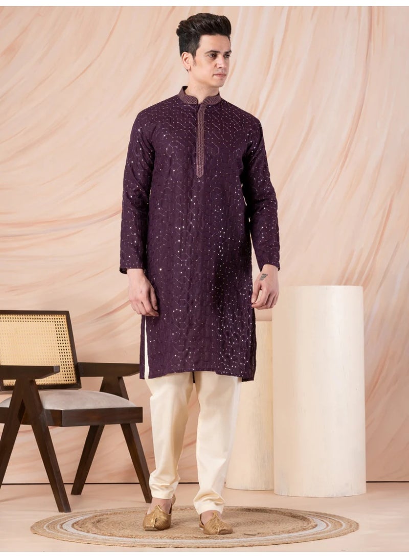 Devoiler Mens Purple Thread & Sequins Work Cotton Kurta Set - Image 3