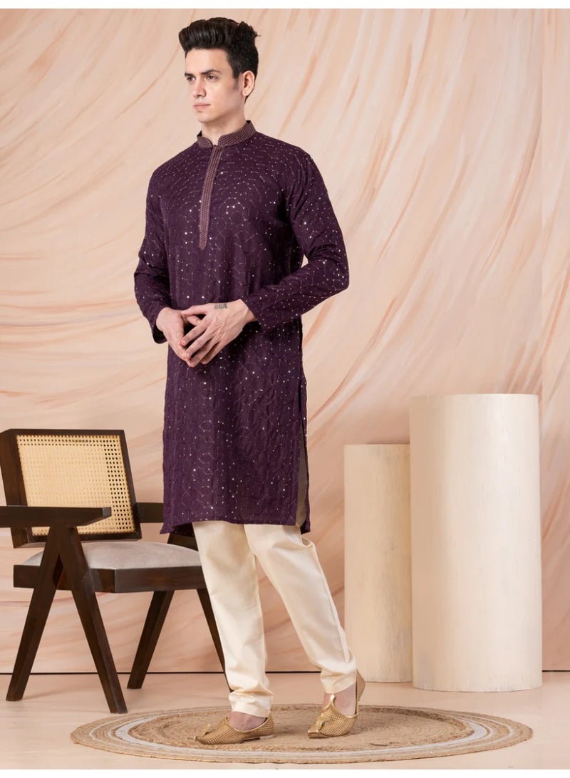 Devoiler Mens Purple Thread & Sequins Work Cotton Kurta Set - Image 1