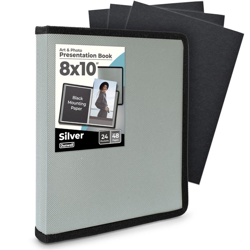 ألبوم صور دنويل 8x10 فضي مع ورق تثبيت أسود 8 x 10 كتاب عرض فنون الصور 24 غلافًا يعرض 48 صفحة كتاب تصوير احترافي للصور والأعمال الفنية