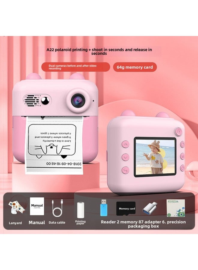 Generic Style Children's Digital Camera, Cute Cartoon Mini Photo Printing Digital HD Printing Camera-Color: 64G Can Print And Send 11 Rolls Of Paper  - Image 1