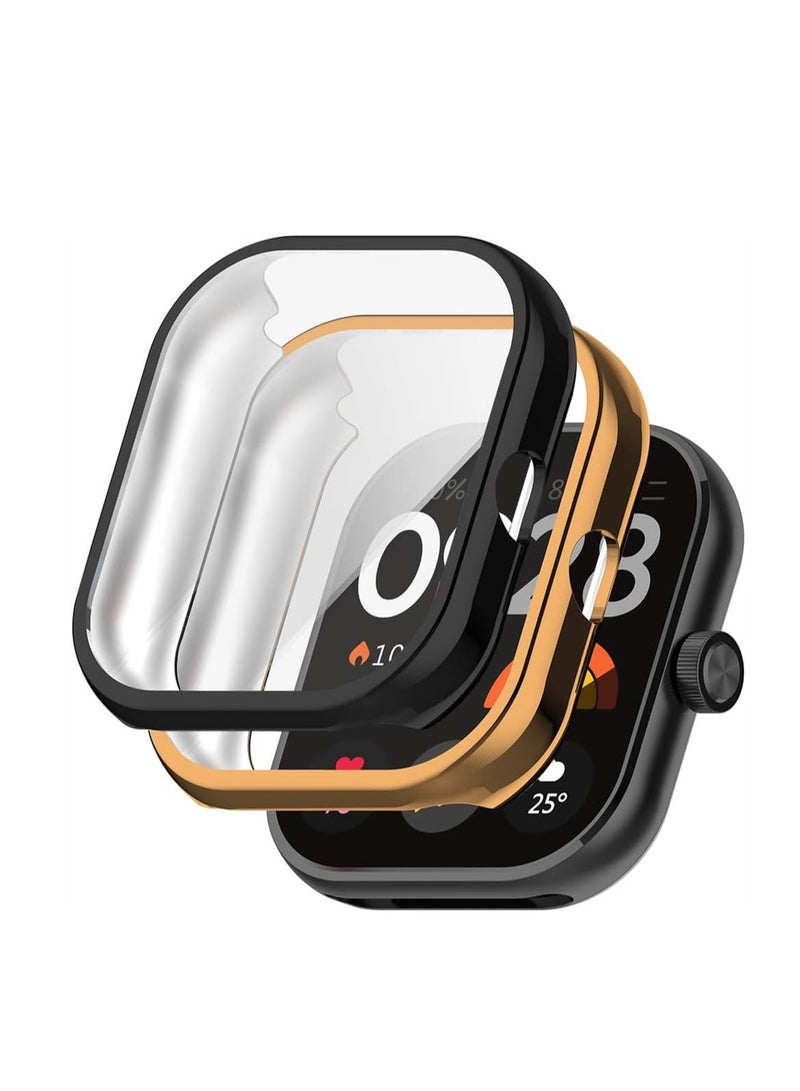 KASTWAVE Case for Xiaomi Redmi Watch 4, Tempered Glass Screen Protector, PC Hard Case Tempered Glass Screen Protection Cover Slim Full Cover Scratch Proof Protector, 2 Pcs, Black and Gold  - Image 1