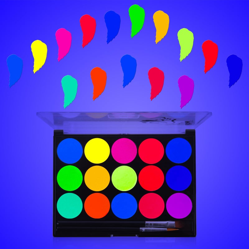 MEICOLY UV Blacklight Face Paint,15 Bright Colors Neon Fluorescent Body Painting Palette,Water Activated Eyeliner,Water Based Makeup Glow In The Dark Halloween Washable for Kids Adult Body Paint - Image 1