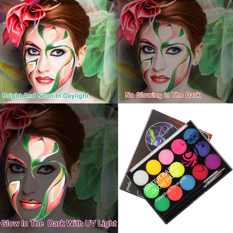 MEICOLY UV Blacklight Face Paint,15 Bright Colors Neon Fluorescent Body Painting Palette,Water Activated Eyeliner,Water Based Makeup Glow In The Dark Halloween Washable for Kids Adult Body Paint - Image 5