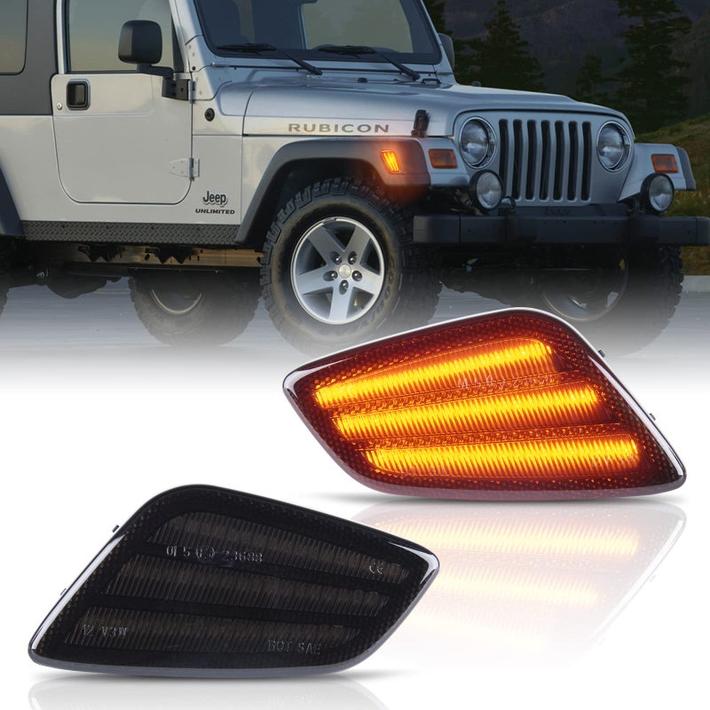 أضواء علامة جانبية LED من جيمبرو لمصابيح الإشارة الأمامية لسيارة رانجلر TJ 1997-2006 55155629AC 55155628AC للسائق والراكب 2PCS عدسة مدخنة