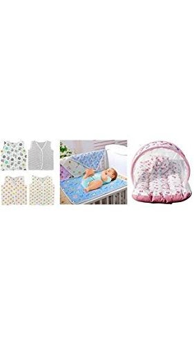 FARETO First Step Firststep Combo of 3 Items Baby Mosquito net Bed,Baby Plastic Sheet one Sided Cloth(P.O.4),Baby jhabla Vest with 4 Diapers (P.O.4)(Size0-3months)(Assorted) - Image 1