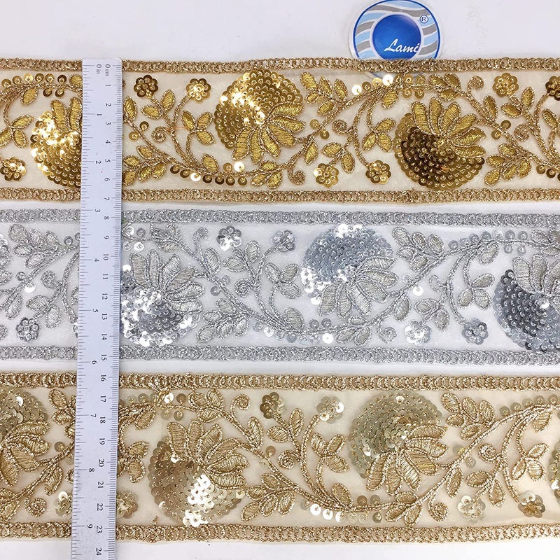 Lami Lami Shiny Cord Embroidery Border with Sequins, Saree Border, Lace, Embroidery on net Fabric, Lehenga, Dupatta, Suit, Anarkali, Indian Trimmings, Fashion Accessories (9 Mts.Gold) - Image 3