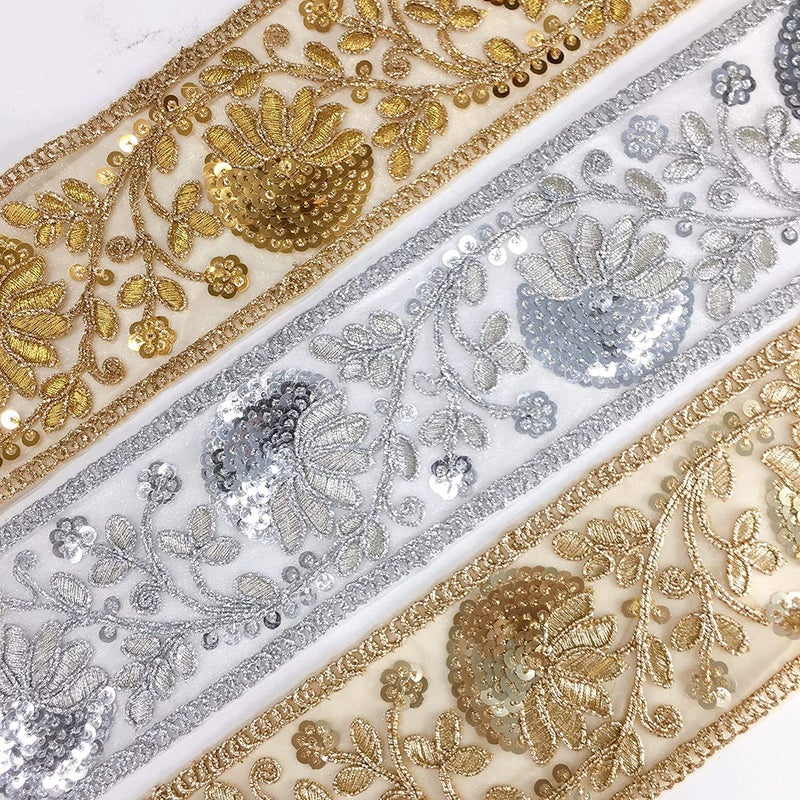 Lami Lami Shiny Cord Embroidery Border with Sequins, Saree Border, Lace, Embroidery on net Fabric, Lehenga, Dupatta, Suit, Anarkali, Indian Trimmings, Fashion Accessories (9 Mts.Gold) - Image 2