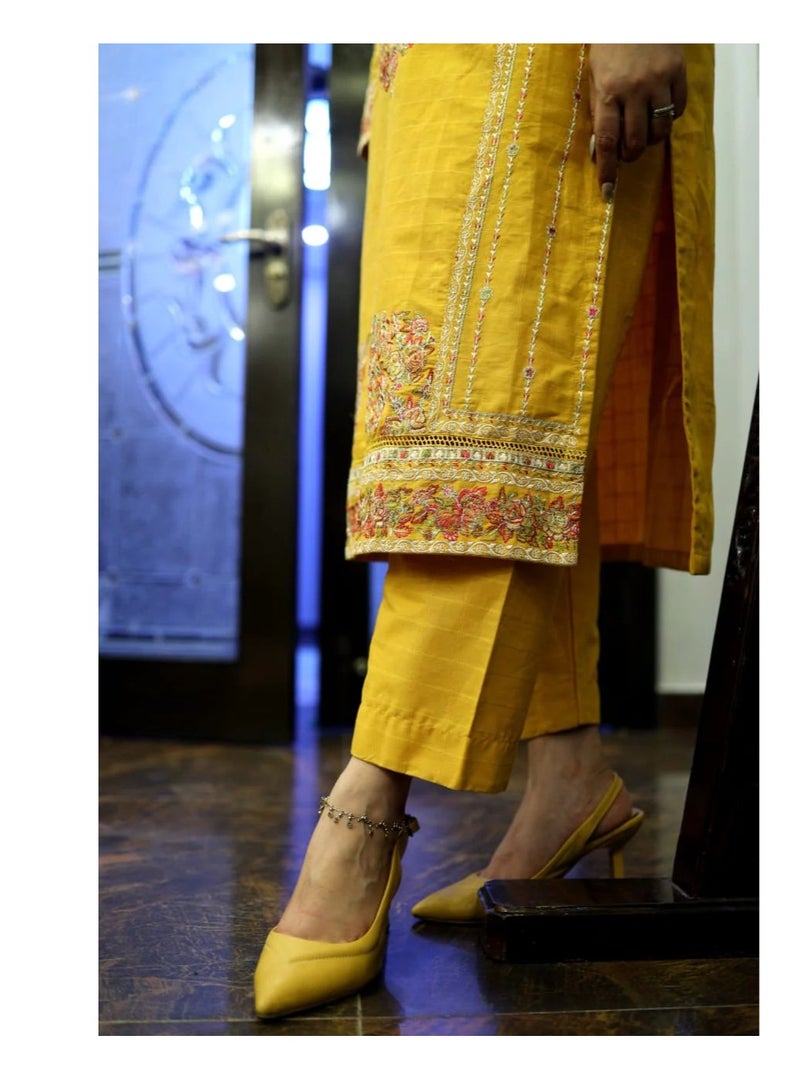 Winchell's Traditional Pakistani Salwar Kameez, Yellow Embroidered Dress with Palazzo Pants, Medium  - Image 4