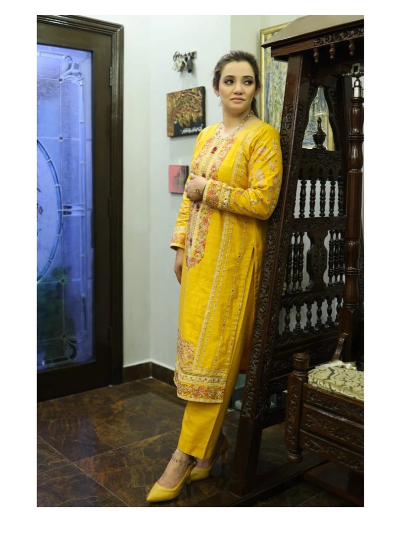 Winchell's Traditional Pakistani Salwar Kameez, Yellow Embroidered Dress with Palazzo Pants, Medium  - Image 3
