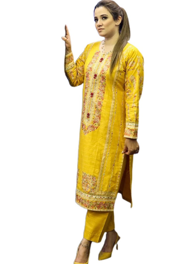 Winchell's Traditional Pakistani Salwar Kameez, Yellow Embroidered Dress with Palazzo Pants, Medium  - Image 2