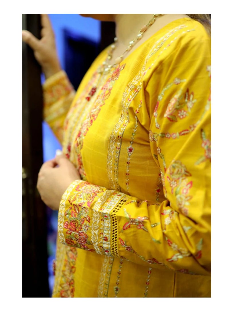 Winchell's Traditional Pakistani Salwar Kameez, Yellow Embroidered Dress with Palazzo Pants, Medium  - Image 5