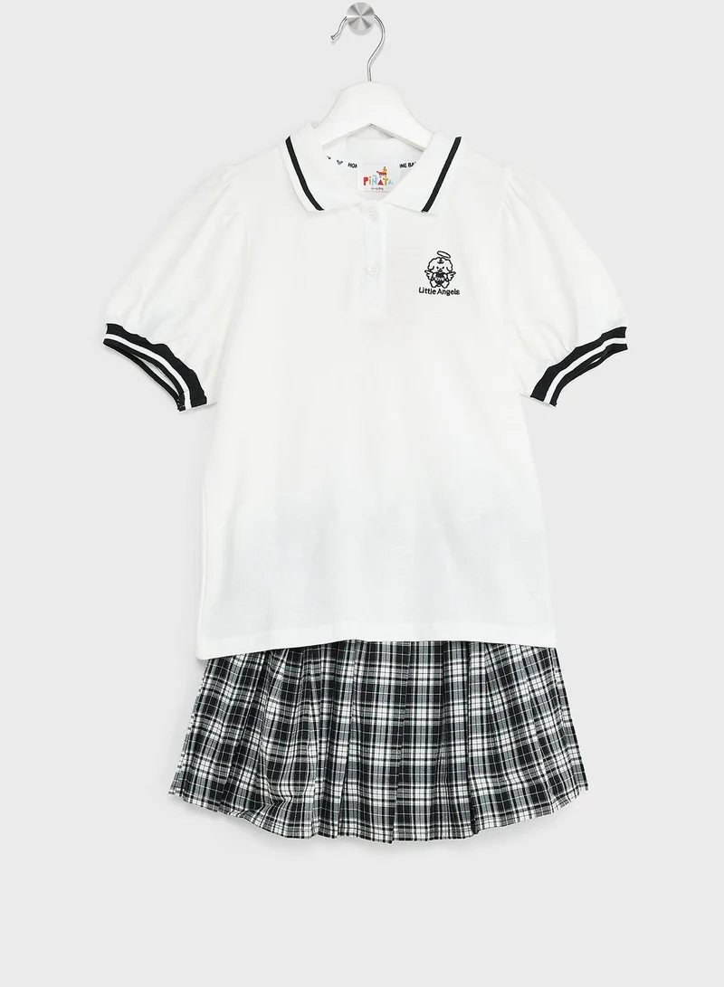 Pinata Girls Polo Shirt With Plaid Pleated Skirt Set