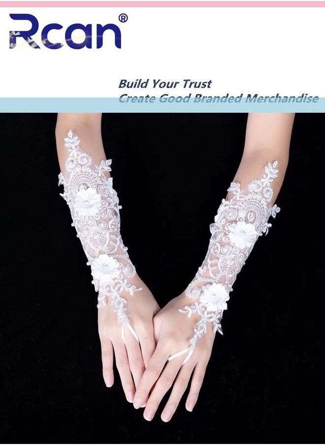 Rcan Ladies Vintage Sunscreen Lace Fingerless Gloves Bridal Wedding Dress Accessories Mesh Hollow Out Stereo Floral Elbow Long Gloves Arm Sleeves for Party Prom Wedding Cosplay for Women  - Image 2